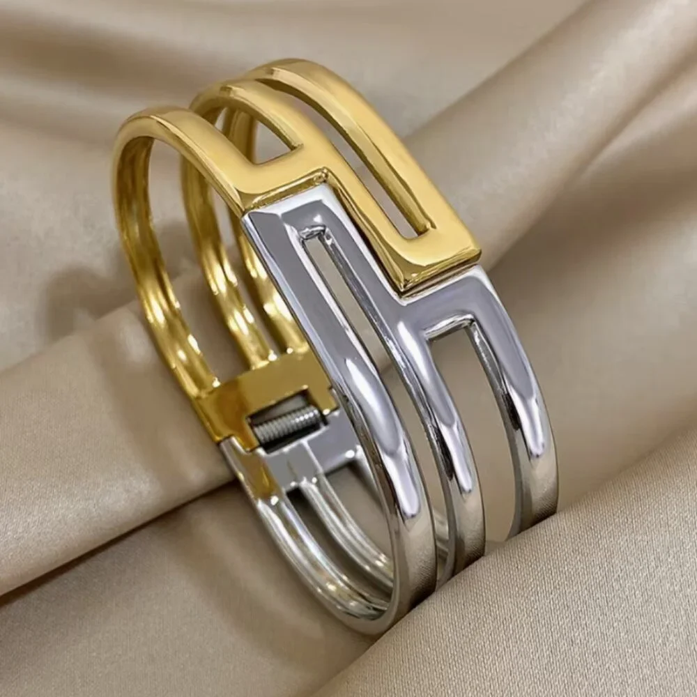 Elegant Chunky Punk Golden Stainless Steel Bangle Geometric Wide Cuff